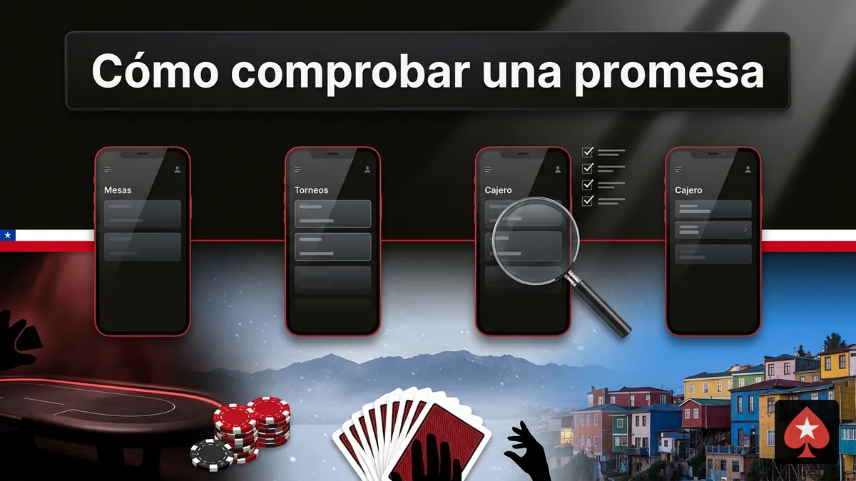 Línea de tiempo con pantallas para comprobar una promesa de bono en PokerStars Chile