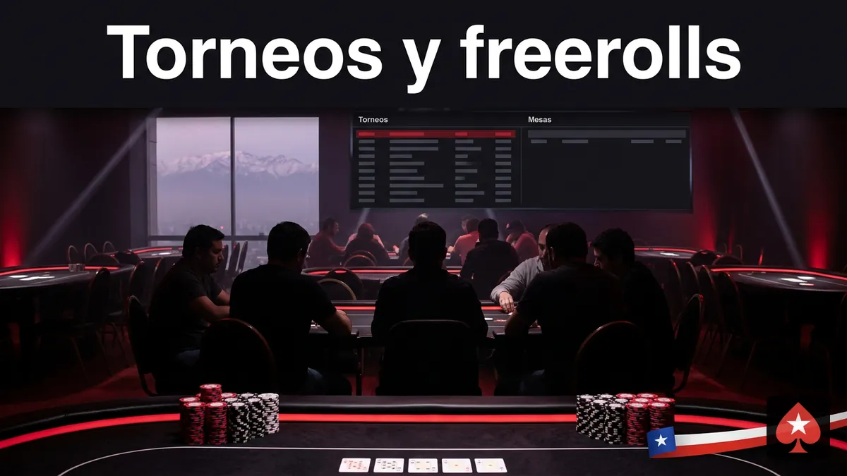 Sala de torneos y freerolls de PokerStars con mesas de póker y vista a los Andes
