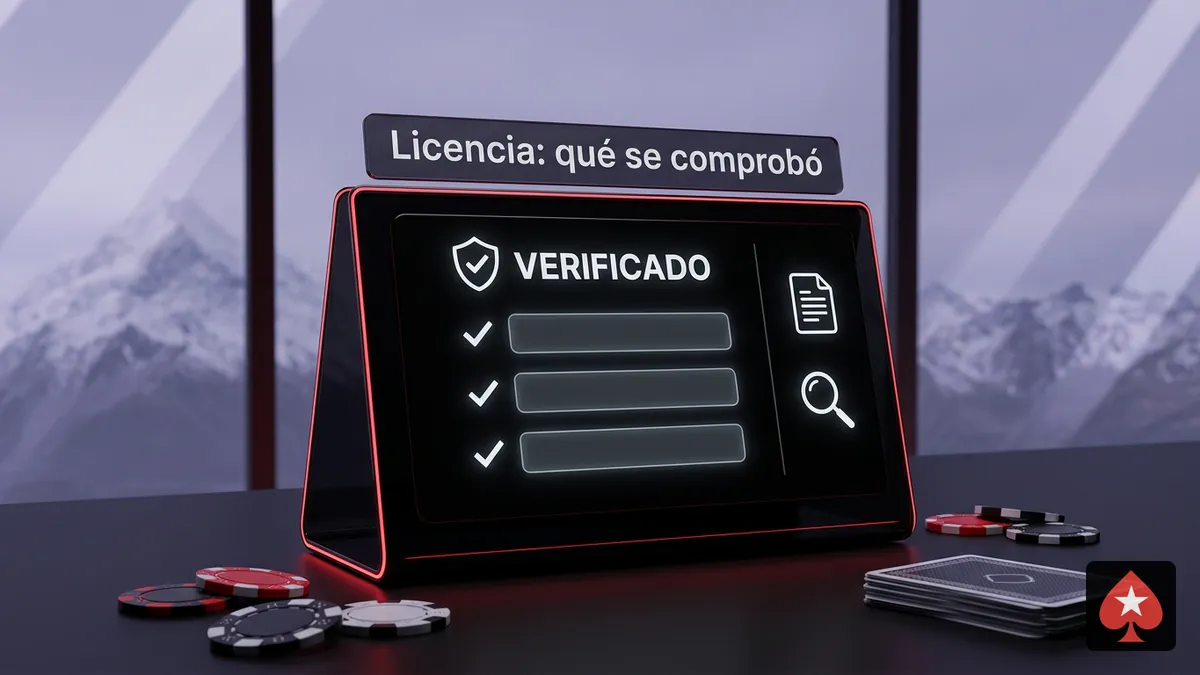 Panel de verificación de la licencia de PokerStars con casillas marcadas y fondo de los Andes