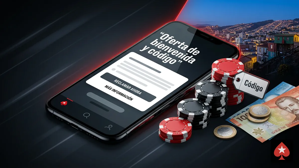 Escalera de fichas y tarjeta de oferta de bienvenida con código de PokerStars para Chile